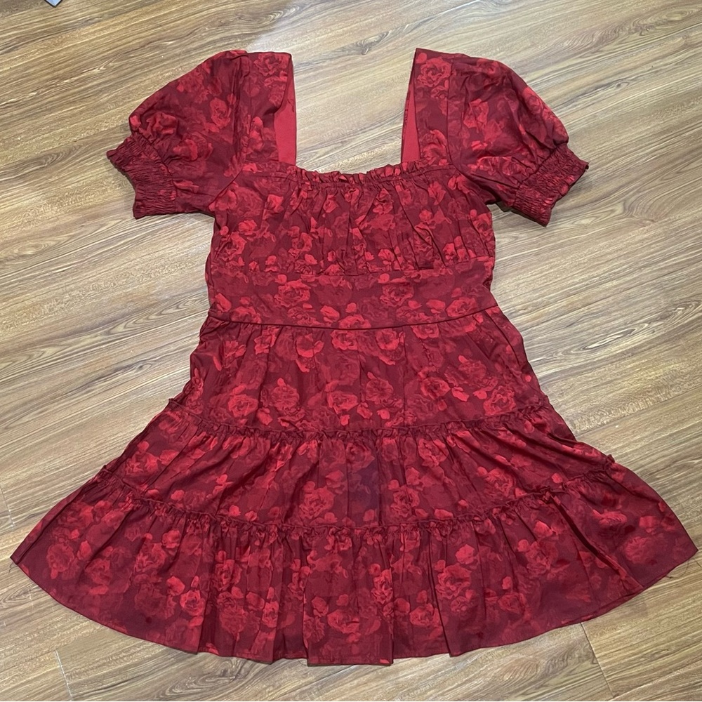 Red Floral Square-Neck Puff Sleeve Dress